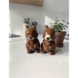 Vintage Ceramic Squirrel Salt Pepper Shakers Brown Woodland Critters